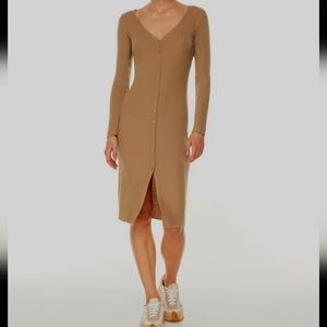 Ribbed Long Sleeve Button-Front Midi Dress in Camel